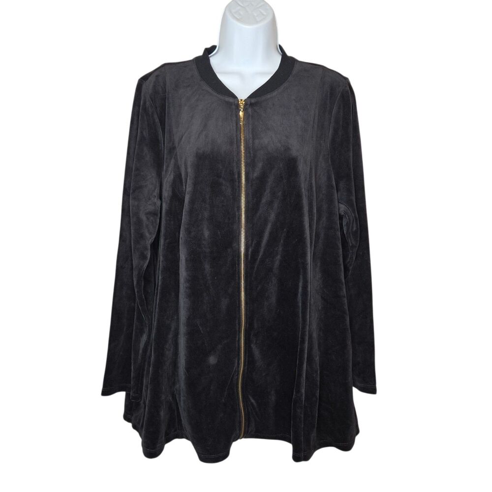 Denim & Co. Active Velour Fit & Flare Zip-Up Jacket Bomber Collar Black Large